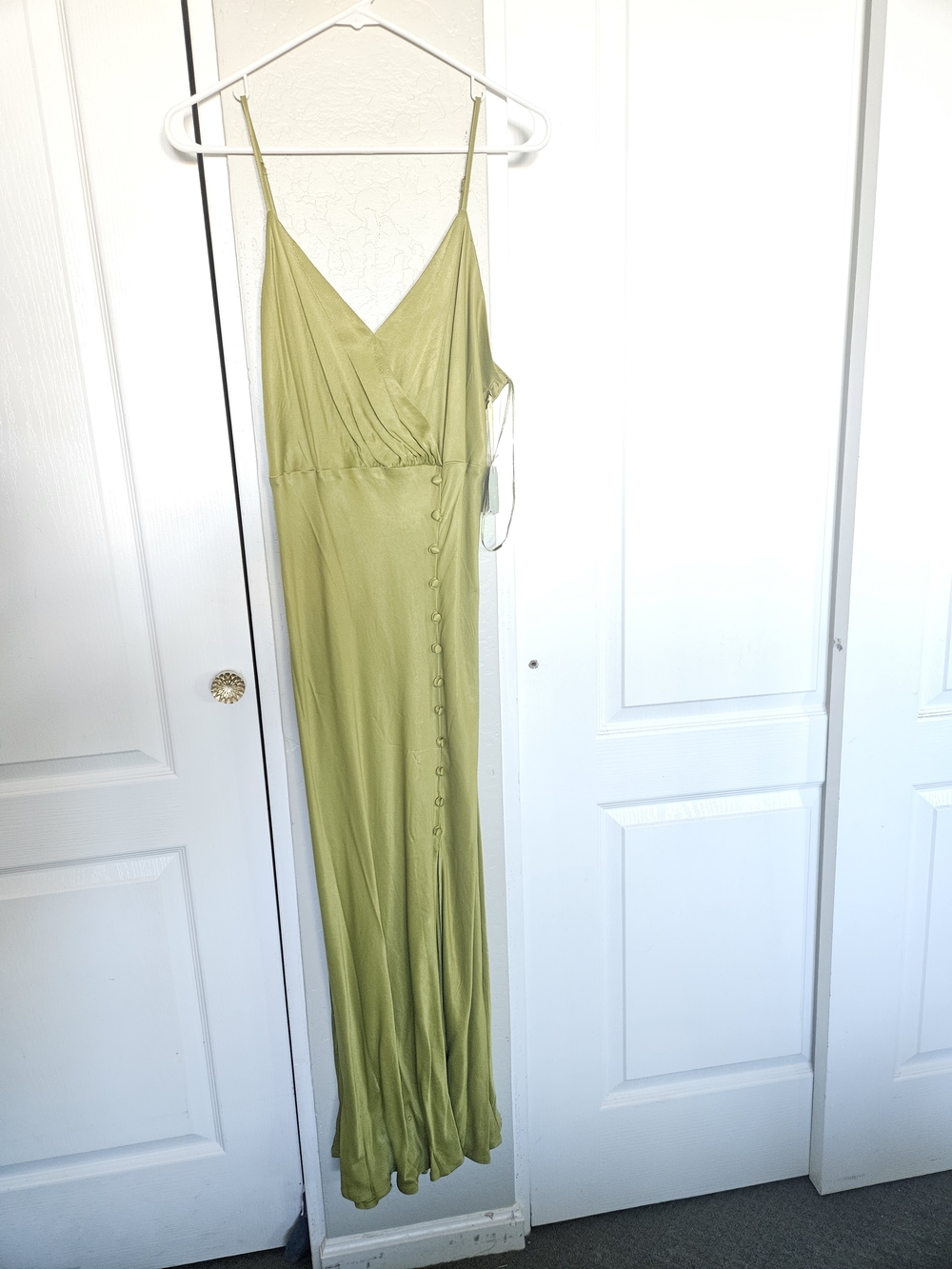 Olive Green Spaghetti-Strap Maxi Dress with Button Detail